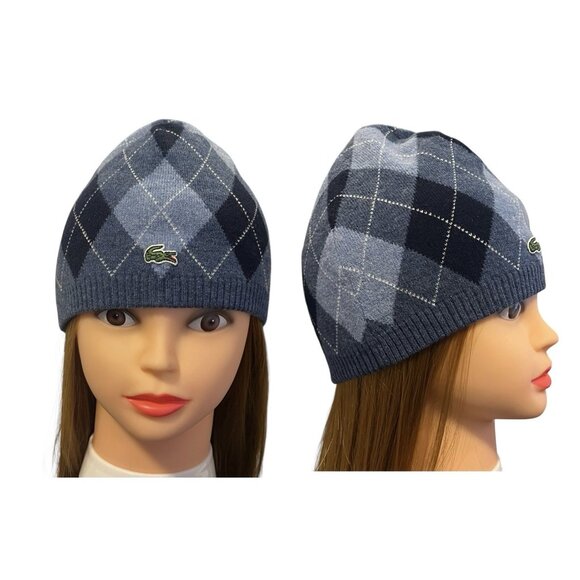 Lacoste Accessories - LACOSTE Beanie Reversible Wool Hat LOGO Blue ONE SIZE Winter Warm